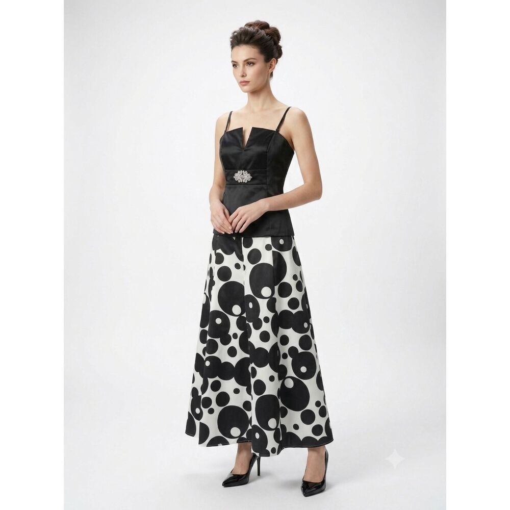 Black White 2 Piece Corset Polka Dot Maxi Skirt Black-Tie Gala Formal Dress 14